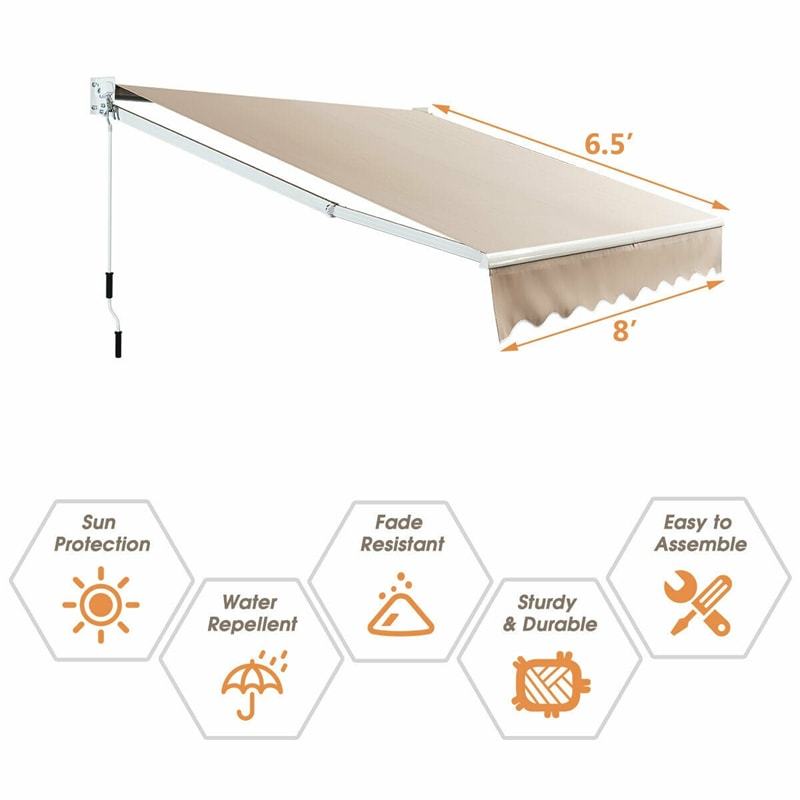8x6.6FT Manual Retractable Awning, Aluminum Patio Sun Shade with Crank Handle, UV & Waterproof Awning Cover for RVs, Balcony, Porch, Window