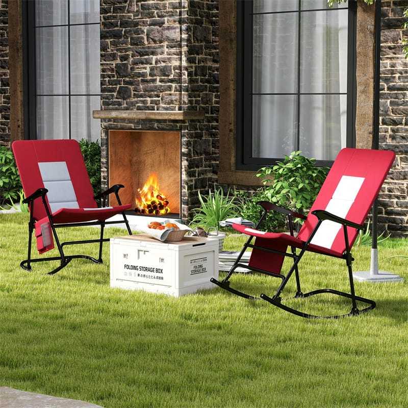 Oversized Folding Rocking Chair with Padded Seat & Metal Frame, Portable Patio Lounge Rocker for Camping, Backyard, 500 lbs Capacity