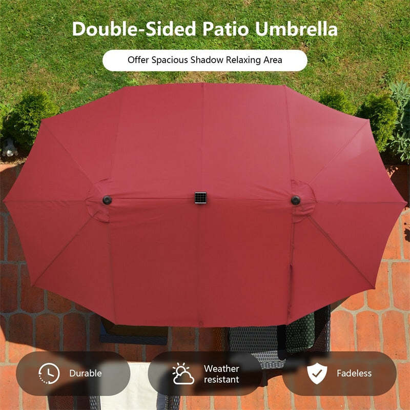 15FT Double-Sided Patio Umbrella with 48 Solar LED Lights & Crank Handle, Extra Large Outdoor Market Umbrella for Poolside, Deck, Backyard