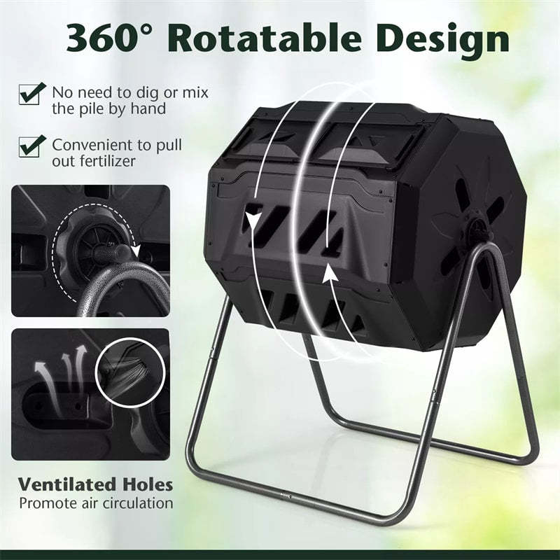42-Gallon Dual Chamber Compost Tumbler, Rotating Outdoor Composter with Sliding Doors & Gloves, Metal Frame Compost Barrel for Garden Yard