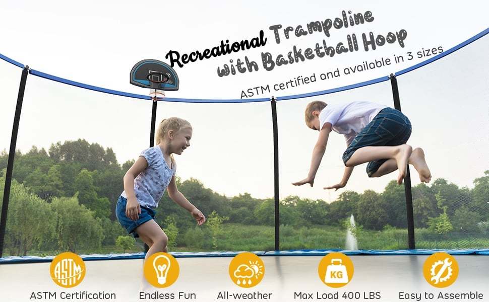 12FT Recreational Trampoline ASTM Approved Large Trampoline with Safety Enclosure Net Ladder Basketball Hoop & Ballpump