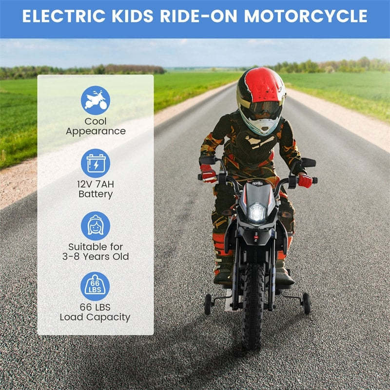 12V Kids Ride On Motorcycle, Licensed Aprilia Electric Dirt Bike with Training Wheels & Headlights, Battery Powered Ride On Car for Ages 3+