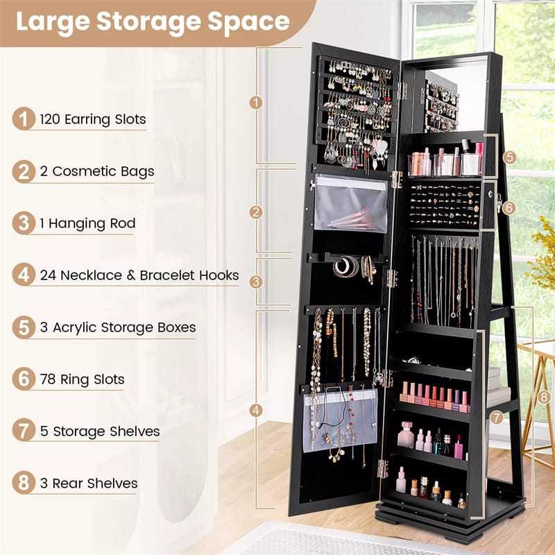 360° Swivel Jewelry Cabinet Armoire with Full Length Mirror & Rear Storage Shelves, Standing Lockable Jewelry Organizer Inside Makeup Mirror