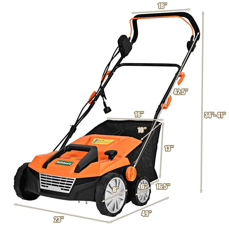 2-in-1 Electric Corded Lawn Dethatcher, 15-Inch 13Amp Lawn Scarifier with 5 Cutting Heights, 13.5 Gallon Collection Bag & 2 Removable Blades