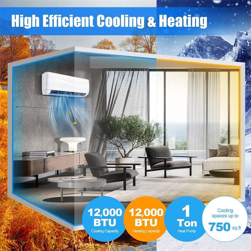 12000BTU Ductless Mini Split Air Conditioner & Heater, 17 SEER2 Energy Efficient Wall-Mounted Inverter AC Unit w/ Heat Pump, 208-230V Installation Kit