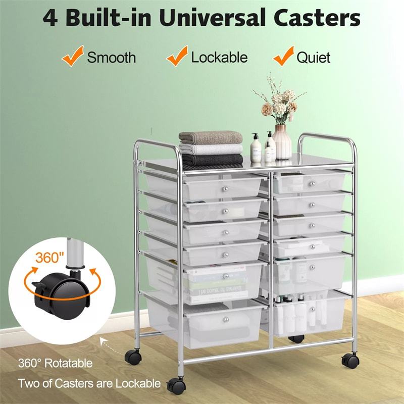 12-Drawer Rolling Storage Cart, Multipurpose Organizer Cart with Lockable Casters, Mobile Utility Cart for School Office Beauty Salon