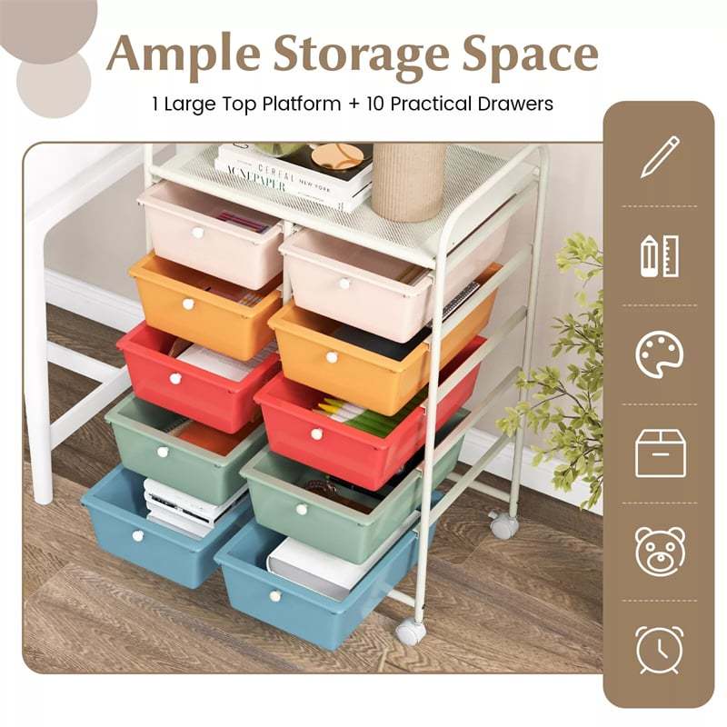10 Drawer Rolling Cart, Storage Cart Organizer with Wheels, Mobile Utility Cart for Classroom, Office, Home, Craft, Art, Paper, Salon