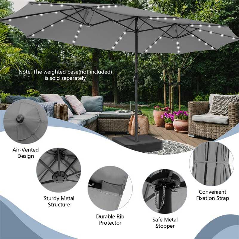 15FT Double-Sided Patio Umbrella with 48 Solar LED Lights & Crank Handle, Extra Large Outdoor Market Umbrella for Poolside, Deck, Backyard