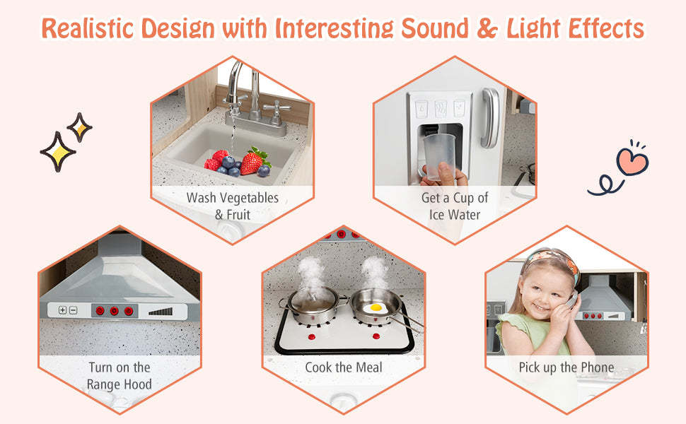 Kids Walk-in Kitchen Playset 9-in-1 Wooden Little Chef Pretend Play Kitchen Toy Set for Toddlers with Lights Sounds & Water Dispenser