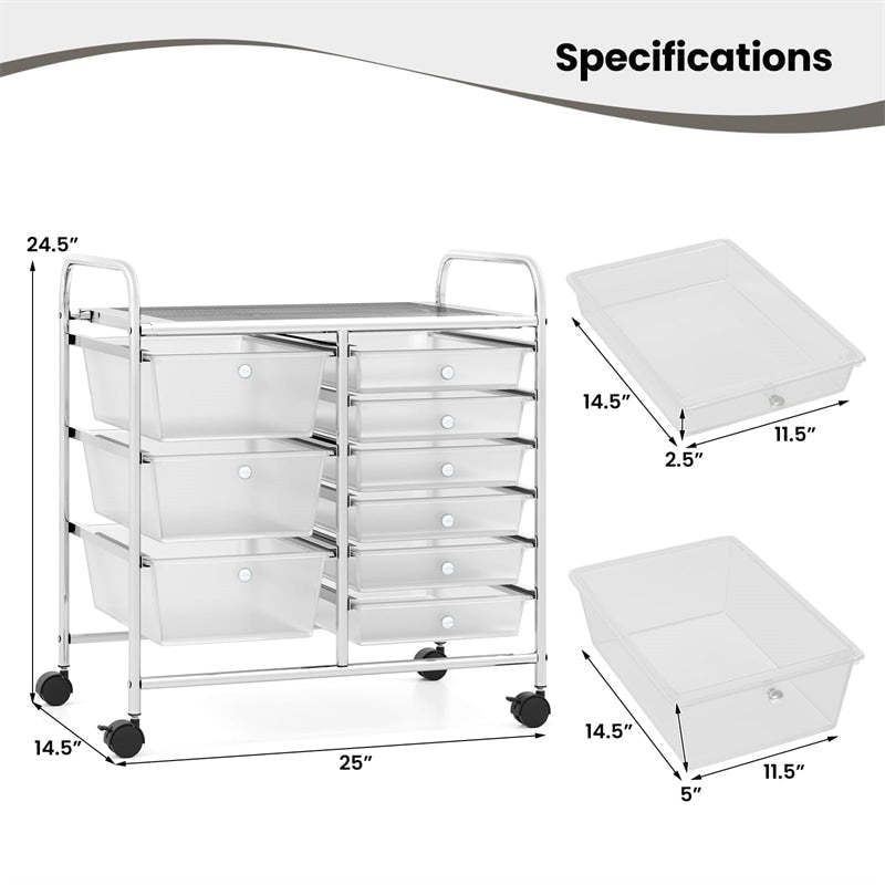9-Drawer Rolling Storage Cart, Mobile Art & Craft Supply Organizer on Wheels, Metal Frame, Drawer Utility Cart for Classroom Office Home Salon