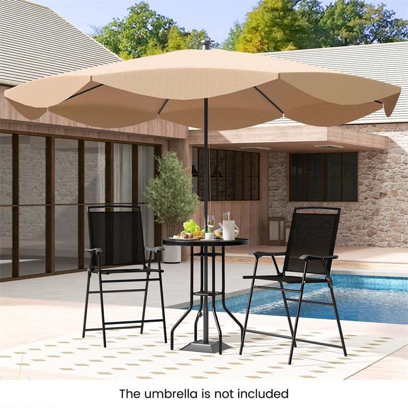 3 Piece Outdoor Bistro Set, 2 Counter Height Folding Chairs & Table Set with DPC Tabletop, Umbrella Hole, Metal Frame, Patio Bar Set for Poolside Deck