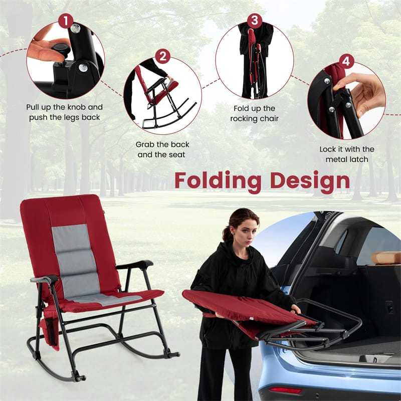 Oversized Folding Rocking Chair with Padded Seat & Metal Frame, Portable Patio Lounge Rocker for Camping, Backyard, 500 lbs Capacity