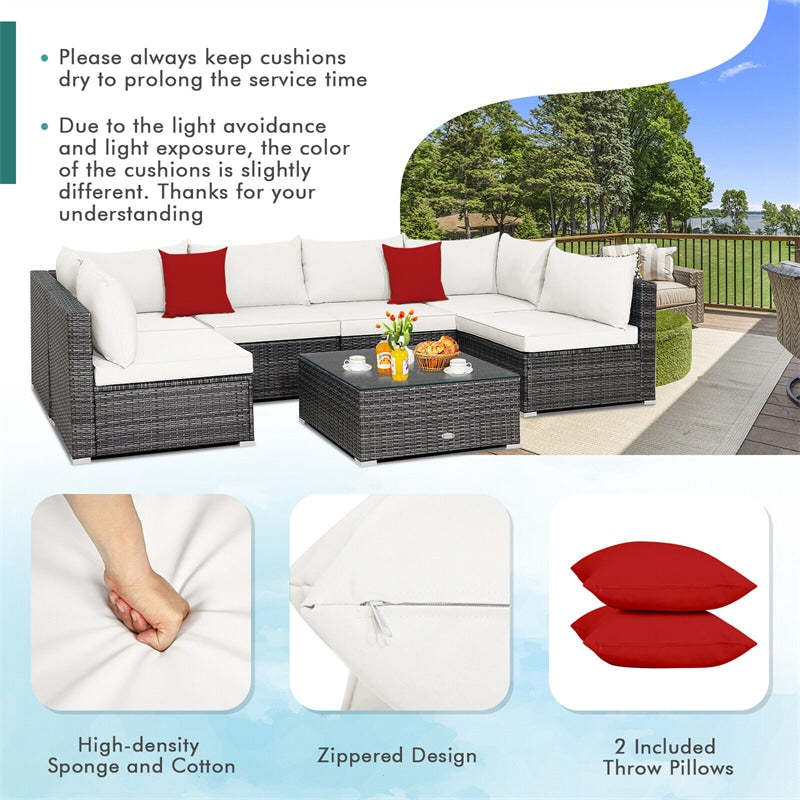 7PCS PE Rattan Modular Outdoor Sectional Set with Tempered Glass Top Table & Cushions, Patio Sofa Furniture for Backyard, Poolside Garden