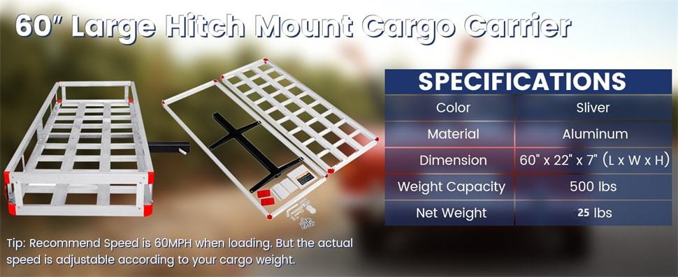 Hitch Cargo Carrier Aluminum Trailer Hitch Mount Cargo Basket Fits 2" Receiver, 500LBS Capacity Heavy Duty Vehicle Rear Luggag Rack for SUV Truck Car