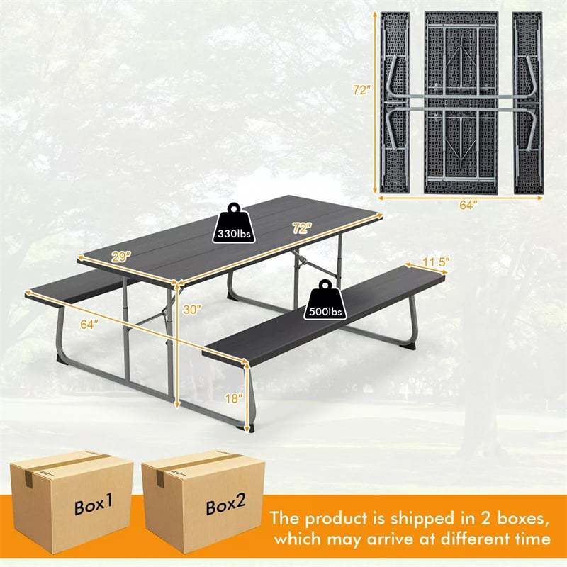 8-Person 6FT Folding Picnic Table & Bench Set, Heavy Duty All-Weather HDPE Outdoor Dining Table with Umbrella Hole & 2 Built-in Benches