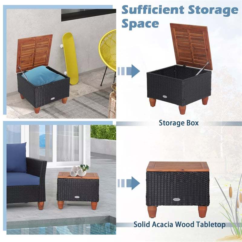 3PCS Patio Rattan Furniture Set Cushioned Sofa Chair Storage Coffee Table with Acacia Wood Top, Outdoor Wicker Conversation Set for Garden