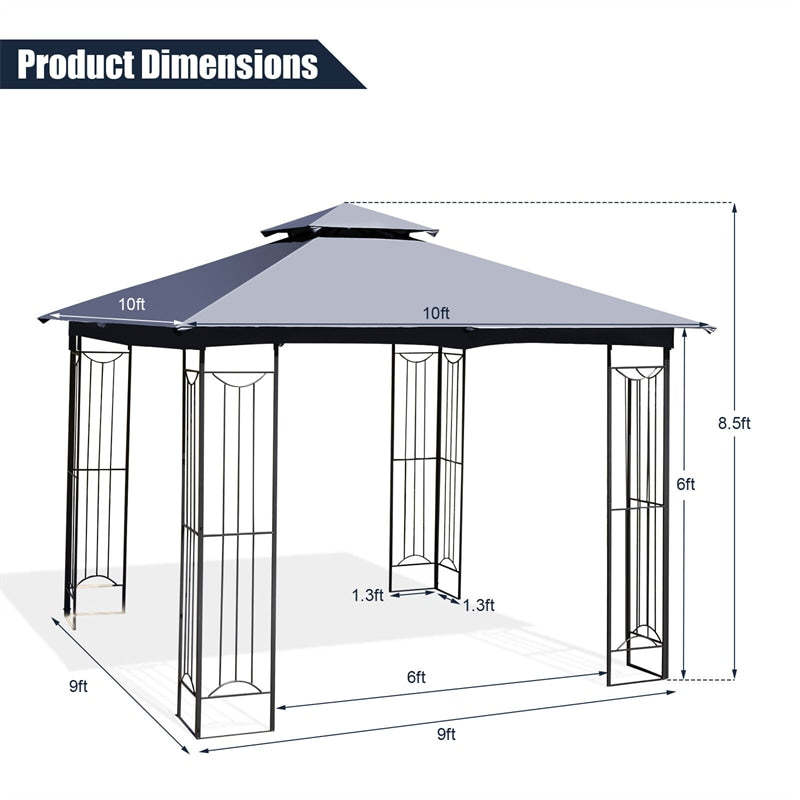 10 x 10 FT Patio Gazebo Double Roof Outdoor Canopy Gazebo Heavy-Duty Steel Frame Gazebo Garden Pavilion Shelter