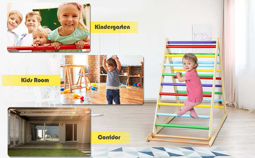 Foldable Wooden Climbing Pikler Triangle Toddler Climber Ladder with Climbing Ramp