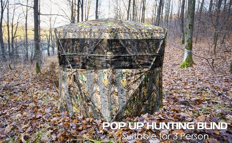 3-Person Portable Hunting Blind Pop-up Ground Blind Camouflage Hunting Tent with Triangular Mesh Window & Carrying Bag