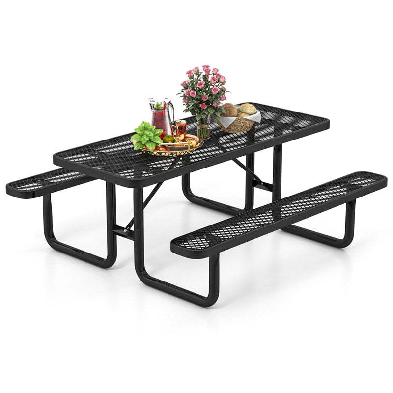 72" Expanded Metal Picnic Table Bench Set for 8, Large Rectangular Outdoor Dining Table Thermoplastic Coated Steel Commercial Picnic Table for Garden