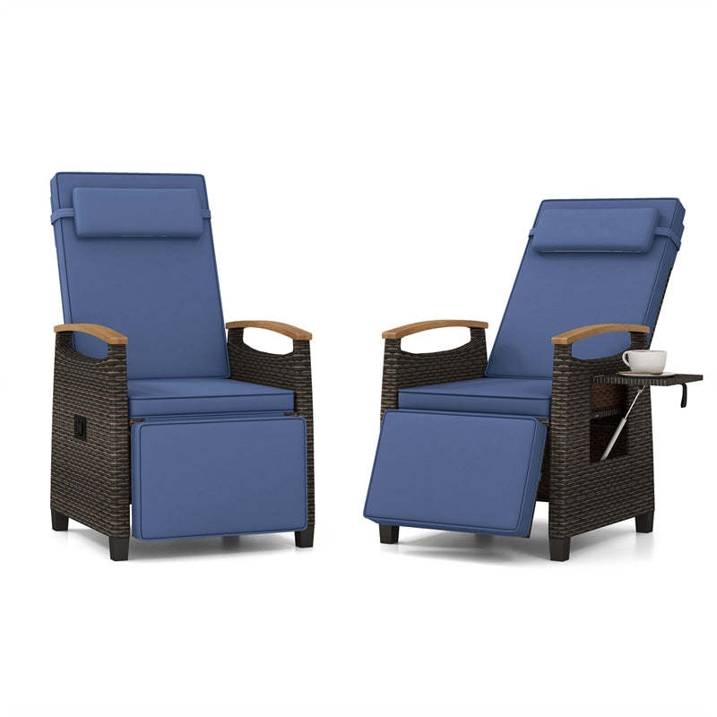 Outdoor Wicker Recliner Chair with Adjustable Backrest, Footrest, Flip Side Table & Cushion, Patio Rattan Chaise Lounge for Backyard Porch