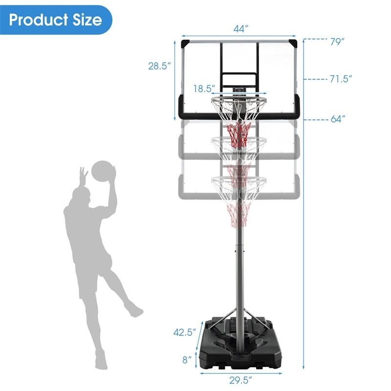 Portable Outdoor Basketball Hoop 64’’-79’’ Adjustable Poolside Basketball Goal System with 44" Backboard Wheeled Fillable Base