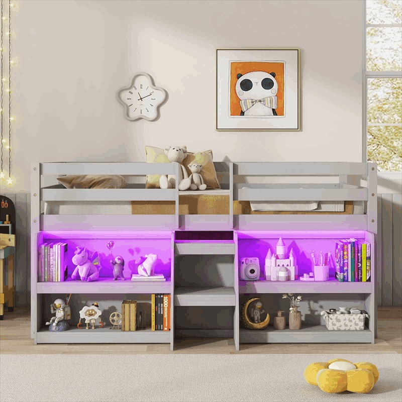 Twin Low Loft Bed for Kids, Wooden Loft Bed with Adjustable LED Lights, Stairs, Safety Guardrail, Storage Bookcase & Under Bed Play Area