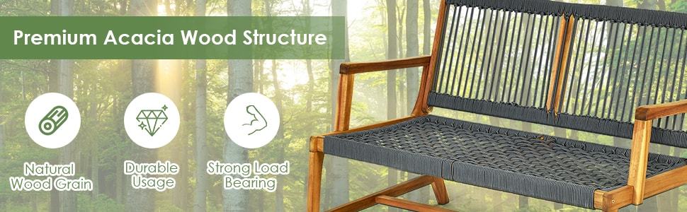 2-Person Acacia Wood Patio Bench Loveseat Chair for Balcony Porch