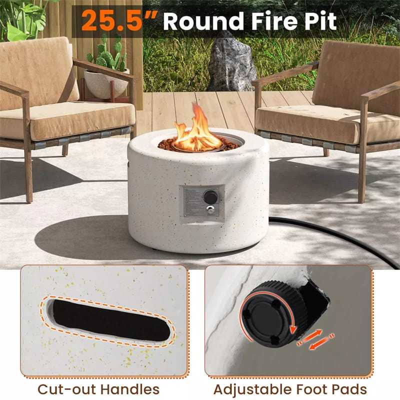 25.5" Round Terrazzo Propane Fire Pit, 40,000 BTU Outdoor Gas Fire Pit Table with Stainless Steel Burner, Lava Rocks, Protective Cover & Tank Seat
