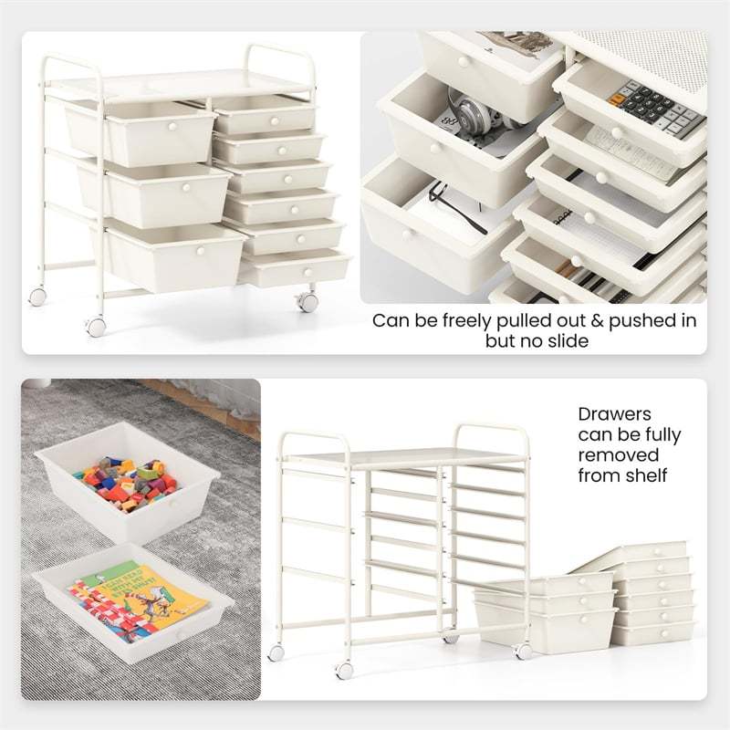 9-Drawer Rolling Storage Cart, Mobile Art & Craft Supply Organizer on Wheels, Metal Frame, Drawer Utility Cart for Classroom Office Home Salon