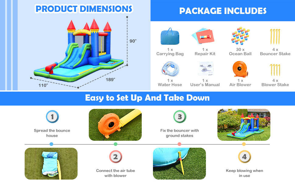 Inflatable Water Slide Bouncy Castle Splash Pool Water Cannon with 580W Air Blower