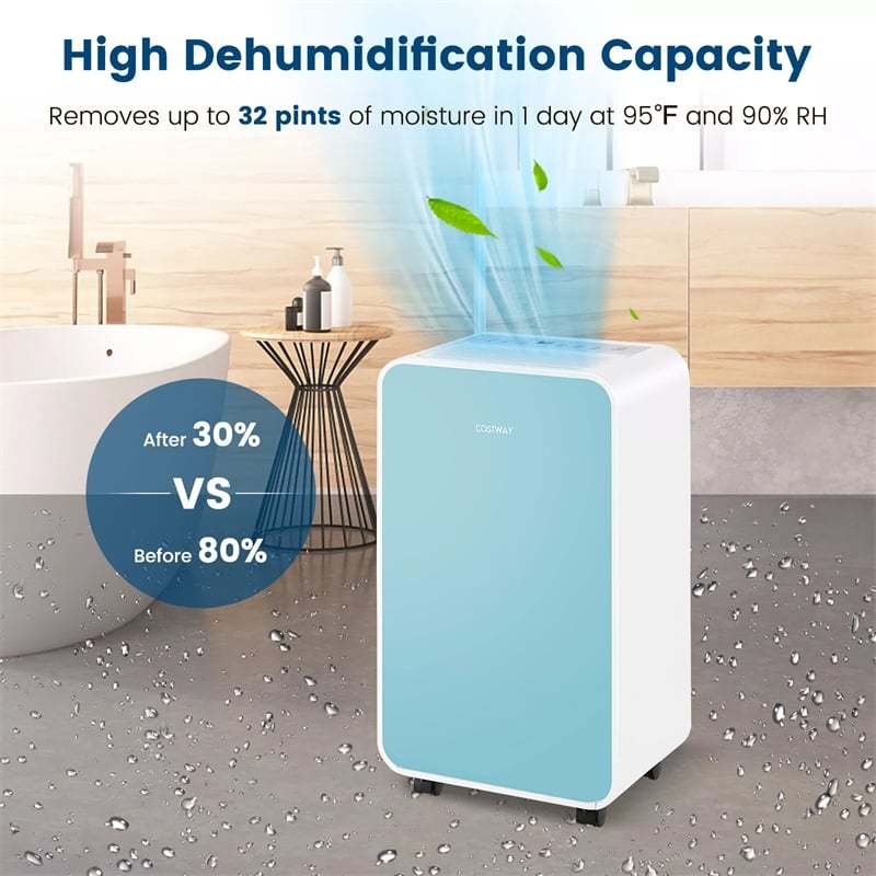2500 Sq. Ft Dehumidifier for Home Basement, 32 Pints Portable Quiet Dehumidifier with Sleep Mode,  24H Timer & Drain Hose