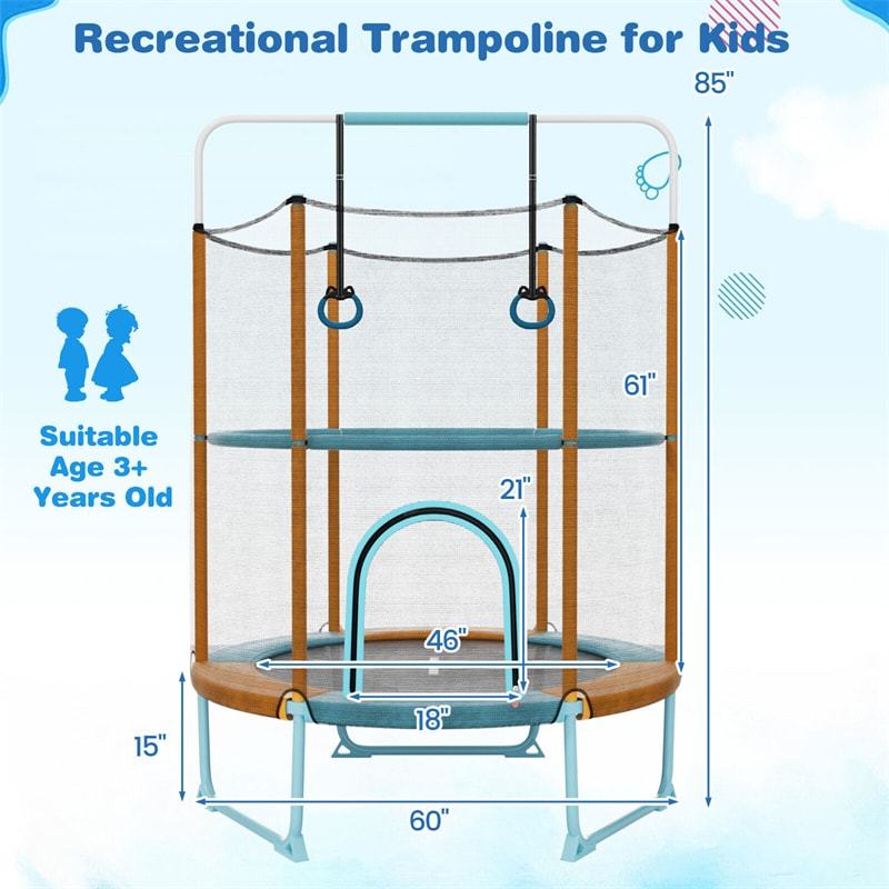 5FT Kids Trampoline, ASTM Approved 3-in-1 Toddler Trampoline with Safety Enclosure, Adjustable Horizontal Bar & Swing Rings for Indoor Outdoor