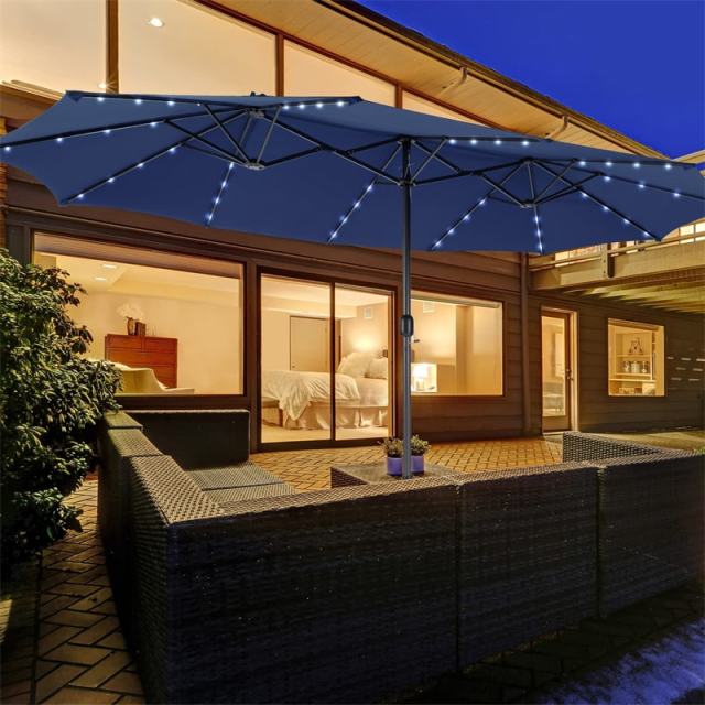 15FT Double-Sided Patio Umbrella with Base, 48 Solar LED Lights & Crank Handle, Extra Large Double Outdoor Umbrella for Poolside, Backyard