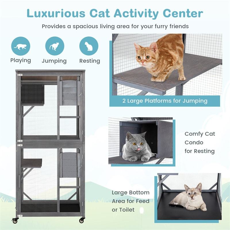 Catio Outdoor Cat Enclosure 72" Tall Wooden Cat House Large Cat Cage Playpen on Wheels with 2 Platforms & Asphalt Roof