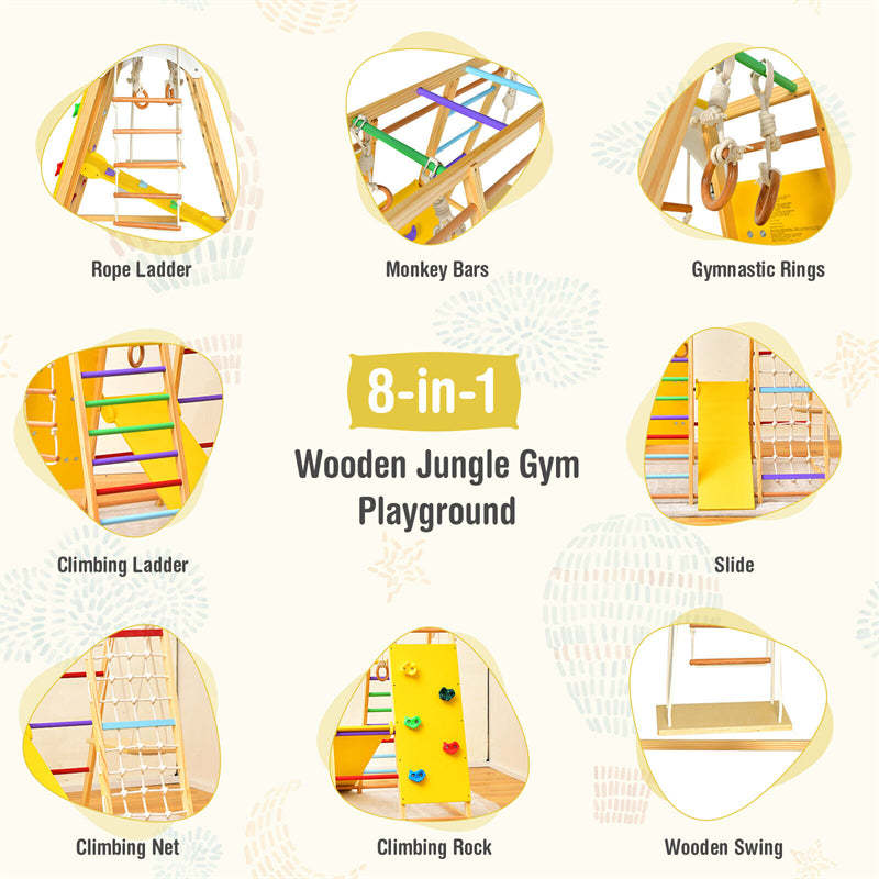 Indoor Jungle Gym for Kids, 8-in-1 Toddler Wooden Montessori Indoor Playground Climber Playset with Slide, Monkey Bars, Climbing Rock & Net