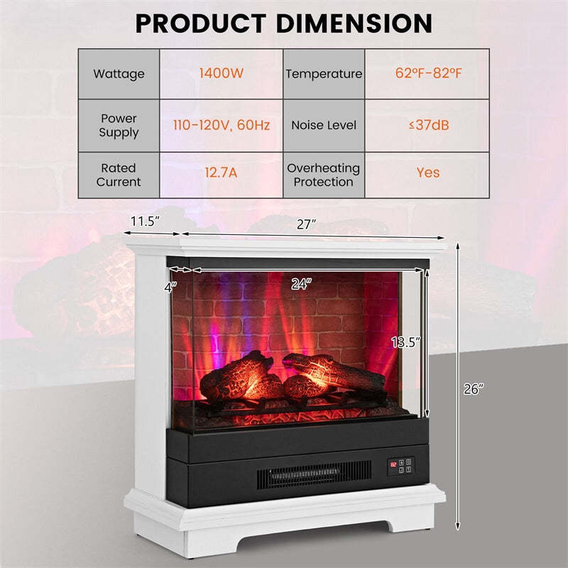 27" Electric Fireplace with Mantel, 1400W Freestanding Heater, 3-Sided Glass View, 7 Flame Colors, Remote Control, 6H Timer, Overheat Protection