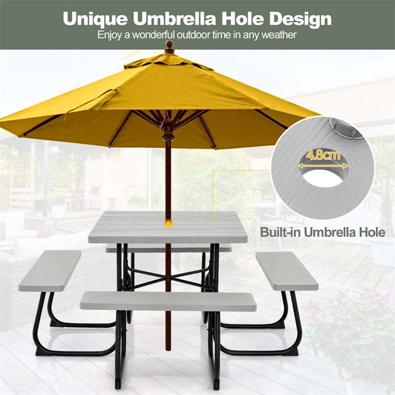 8-Person Picnic Table Set, Square Outdoor Table with 4 Built-in Benches, Umbrella Hole, HDPE Top, Metal Frame, 500LBS Capacity for Garden Patio