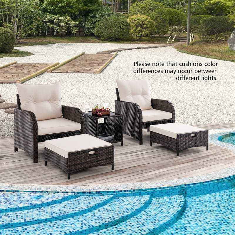 5PCS Wicker Patio Conversation Set Space Saving Rattan Sofa Set Outdoor Cushioned Chairs with 2 Ottomans & Tempered Glass Coffee Table for Backyard