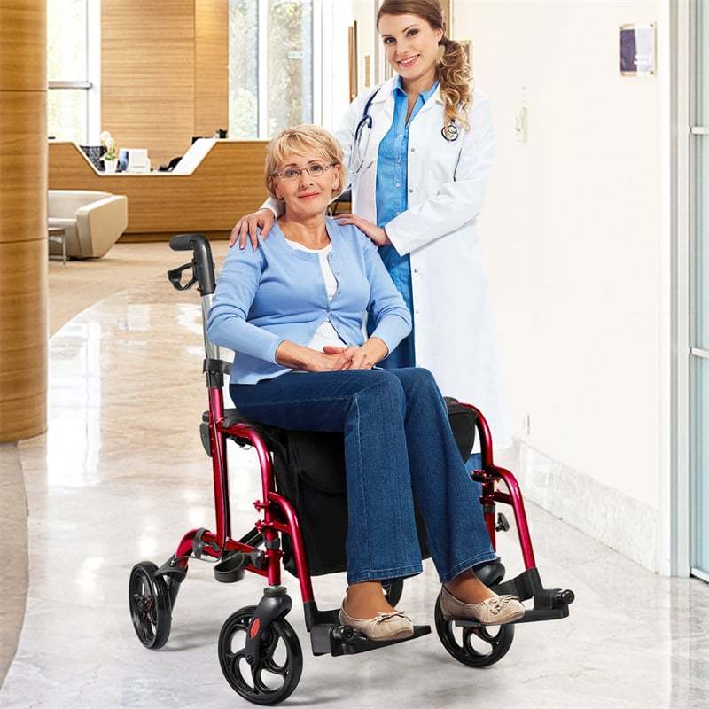 2-in-1 Folding Rollator Walker with Seat for Seniors, Aluminum Medical Walker Transport Chair Combo with 8" Wheels, Adjustable Handle & Backrest