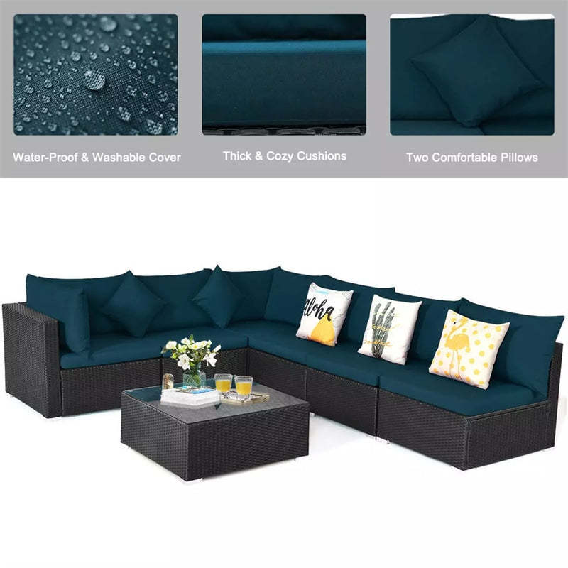 7-Piece PE Rattan Outdoor Sectional Sofa with Tempered Glass Top Table & Cushions, Wicker Patio Furniture Set for Garden Poolside Balcony