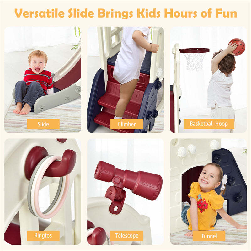 6-In-1 Large Slide for Kids Freestanding Toddler Climber Slide Playset with Basketball Hoop & Ring Toss