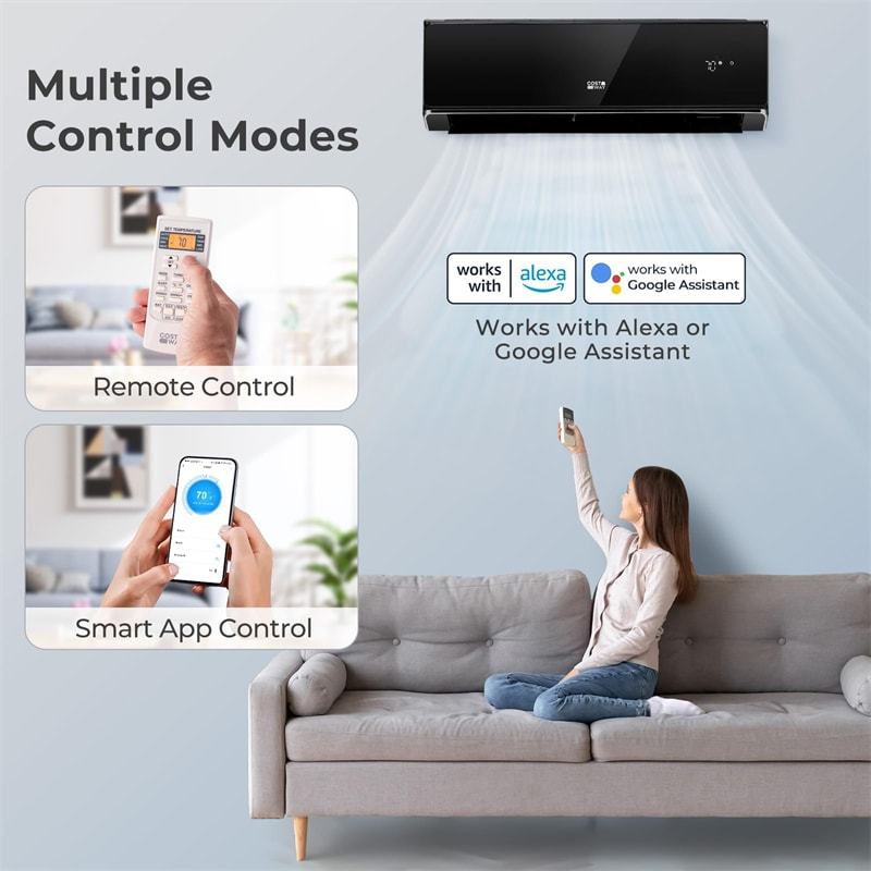 18000BTU Wifi Enabled Mini Split Air Conditioner & Heater, 21 SEER2 208-230V Wall Inverter Split AC Unit ECO Mode w/ Heat Pump, Installation Kit