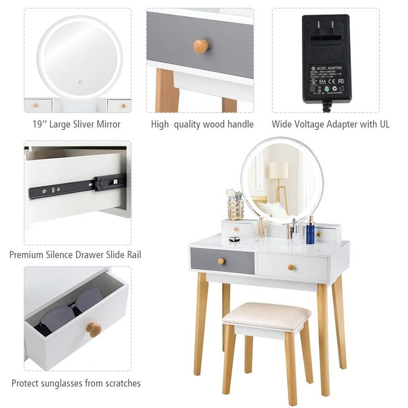 Bedroom Makeup Vanity Table Stool Set with 4 Drawers & 3-Color Touch Screen Dimming Mirror