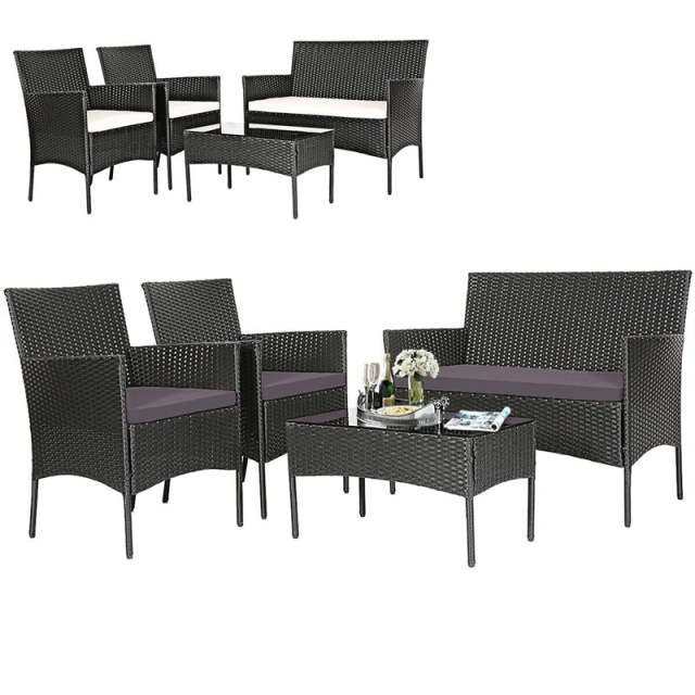 4 PCS Outdoor Wicker Conversation Set Rattan Loveseat Chair with Coffee Table & 6 Seat Cushion Covers