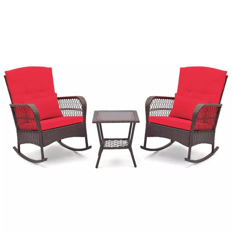 3-Piece Rattan Patio Rocker Set with 2 Rocking Chairs, Tempered Glass Coffee Table & Cushions, Outdoor Bistro Set for Porch, Poolside, Backyard