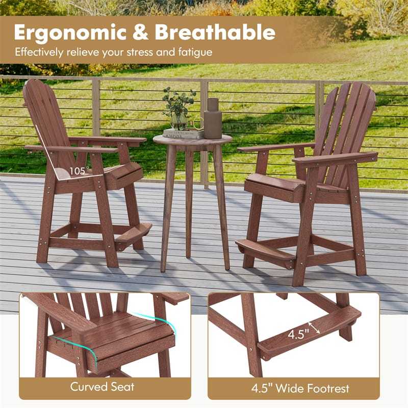 Outdoor HDPE Bar Stools Set of 2, 47" Tall Adirondack Chairs with Armrest & Footrest, All-Weather Counter Height Barstools for Poolside, Garden