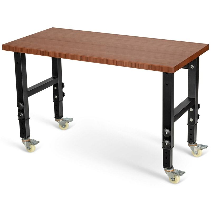 48" Heavy-Duty Mobile Workbench, Height Adjustable Work Table with Power Outlet, Removable Wheels, Bamboo Top for Garage Workshop, 2000 Lbs