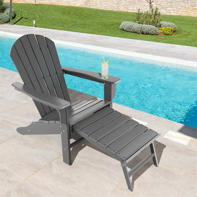 Outdoor HDPE Adirondack Chair, Weather Resistant Fire Pit Chair with Retractable Ottoman & 330 LBS Capacity for Patio, Backyard, Poolside