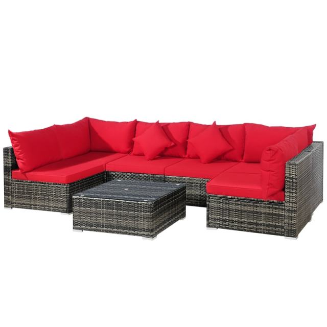 7PCS PE Rattan Modular Outdoor Sectional Set with Tempered Glass Top Table & Cushions, Patio Sofa Furniture for Backyard, Poolside Garden